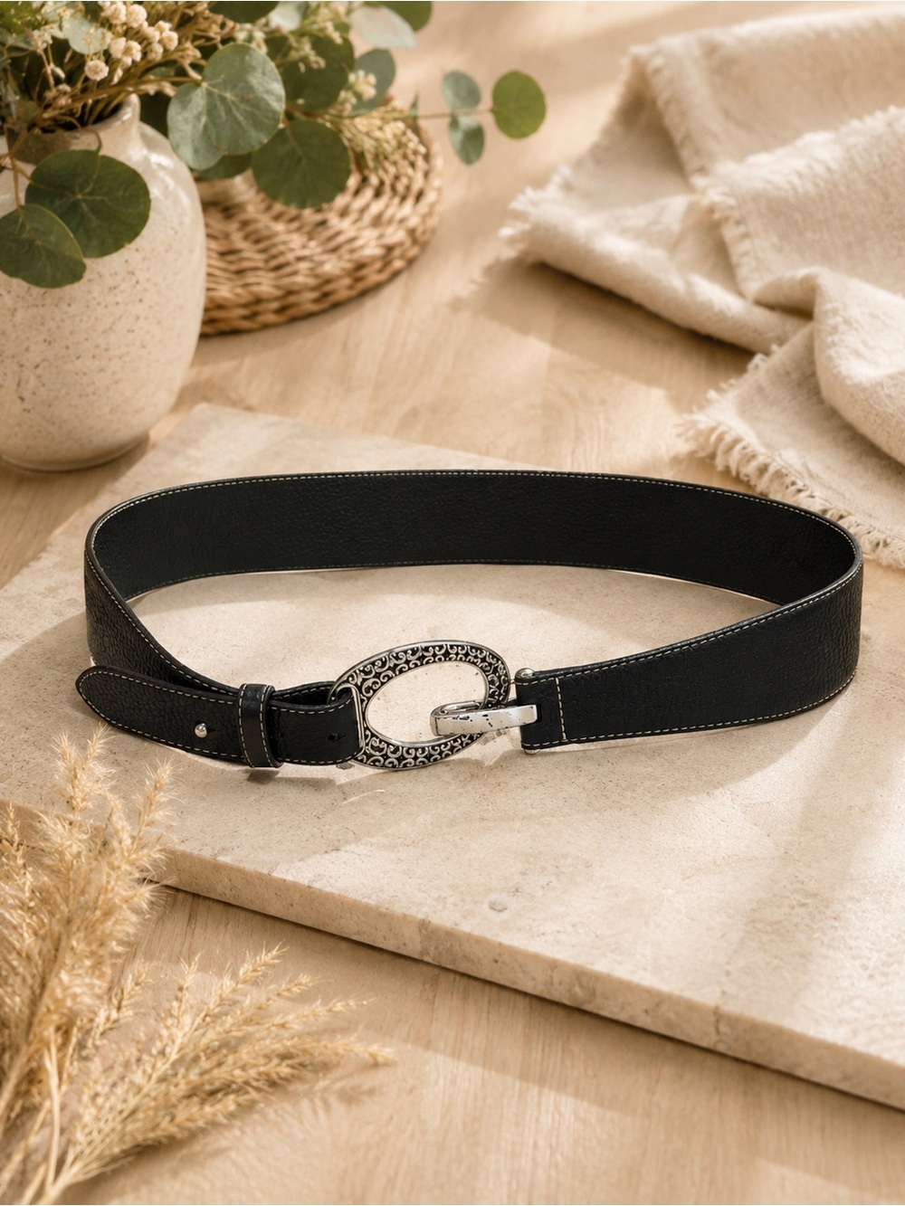 Brighton Black Leather Belt with Ornate Silver Oval Buckle